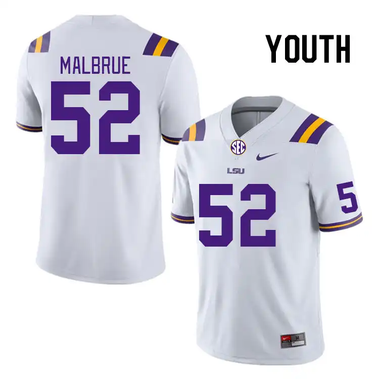 Youth LSU Tigers Princeton Malbrue #52 White NCAA Football Jersey